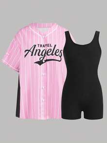 SHEIN Set de 2 piezas: Chaqueta estampada con jersey de baloncesto + Mono de punto negro para adolescentes, conjunto casual y elegante para uso diario - Multicolor - Ver 11