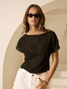 Aralina Áo thun nữ trơn màu tay cánh dơi cổ tròn thời trang - màu đen - Xem 1