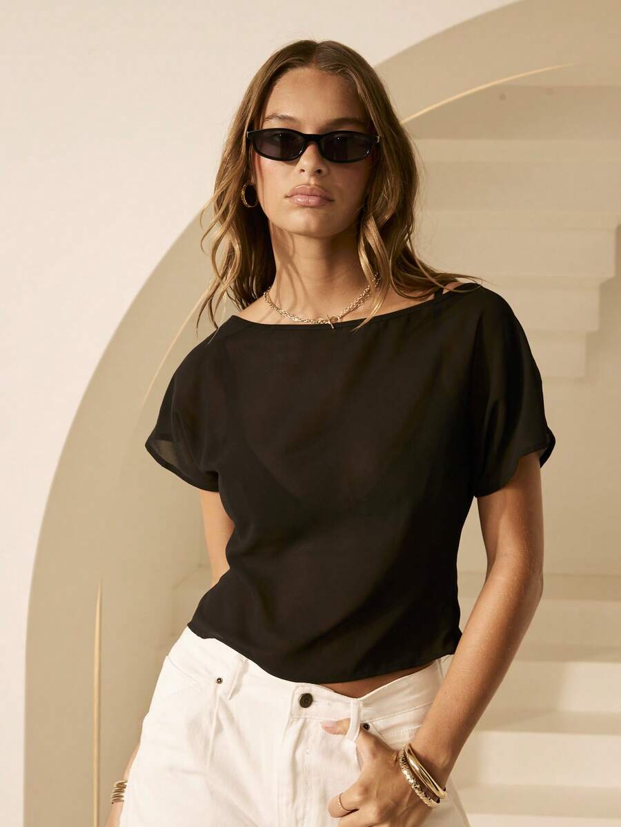 Aralina Áo thun nữ trơn màu tay cánh dơi cổ tròn thời trang - màu đen - Xem 1
