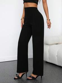 SHEIN PETITE Quần ống rộng dáng suông, màu trơn, thiết kế tối giản, kiểu dáng thường ngày, có khóa kéo phía sau. - màu đen - Xem 8