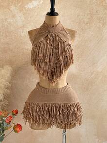 Soleia Choker Detail Fringe Knit Top Summer, Ibiza Fits, Holiday Vacation Sexy Festival Rave Knit Escapade Fall Country Autumn Winter Nashville - Khaki - View 3