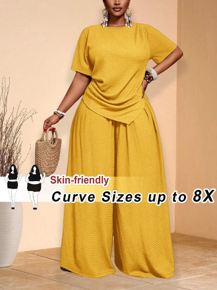 SHEIN CURVE+ Plus Size 2-Piece Set,Mustard Yellow Summer Modest Vacation Crinkle Fabric Crop Top With Structured Fit & Pointed Hem,Elastic Waist Wide Leg Pants Set - Yellow - View 1