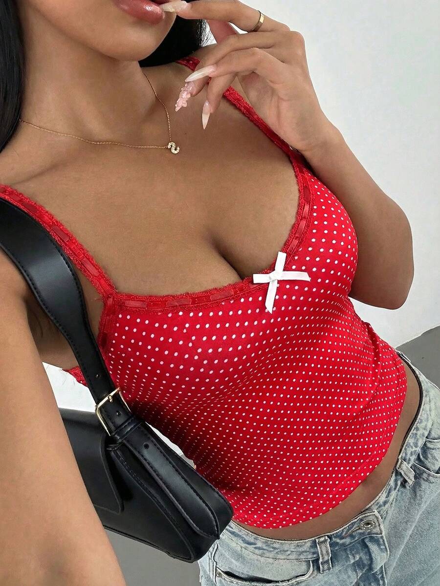 SHEIN SXY 女士红白波点蕾丝边蝴蝶结装饰吊带背心，适合情人节约会和新年派对，春夏款 - 紅色 - 查看 1