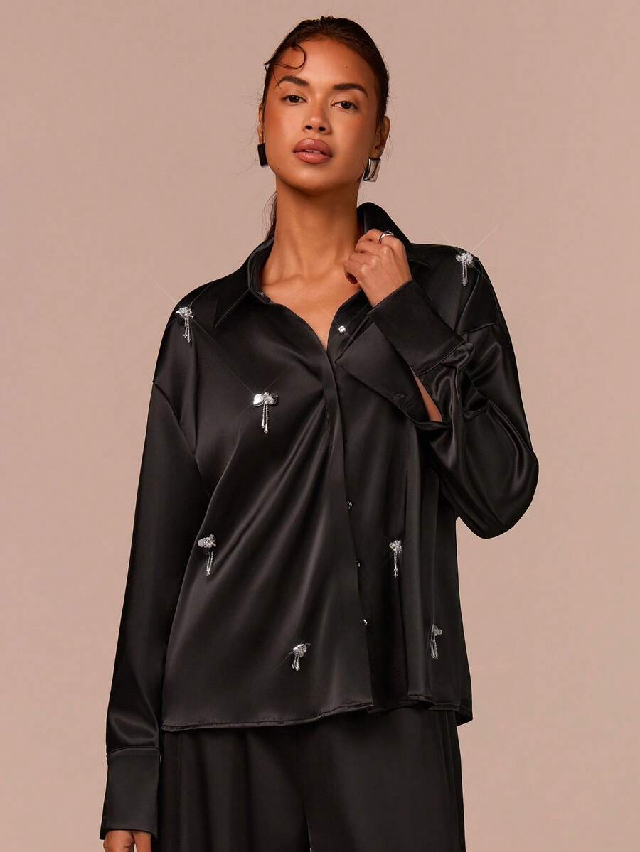 COSMINA Women's Elegant Rhinestone Decor Long Sleeve Blouse, Versatile For Office And Commute, All Season,  Satin Shirts For Women,  Black Button Up Shirt Women,  Rhinestone Shirt,  Satin Blouses For Women,  Sexy Blouses - Black - View 1