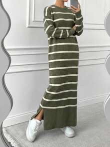 EURMUSE Striped Contrast Color Loose Knit Sweater Dress - Olive Green - View 3