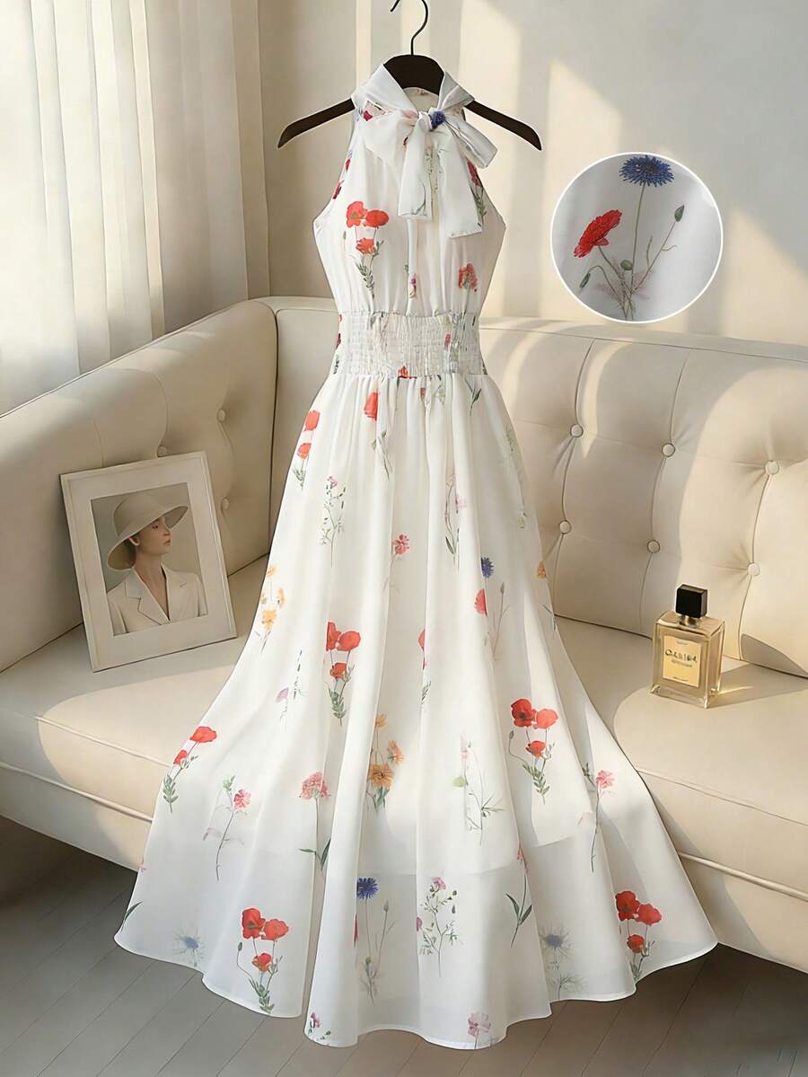 GlowEve 新款时尚甜美休闲度假无袖印花长款系带连衣裙，专为女士设计，春夏款 - 彩色 - 查看 1