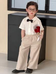 DAZY Young Boy Gentleman Style Short Sleeve Single-Breasted Shirt And Pants Set - White - View 1