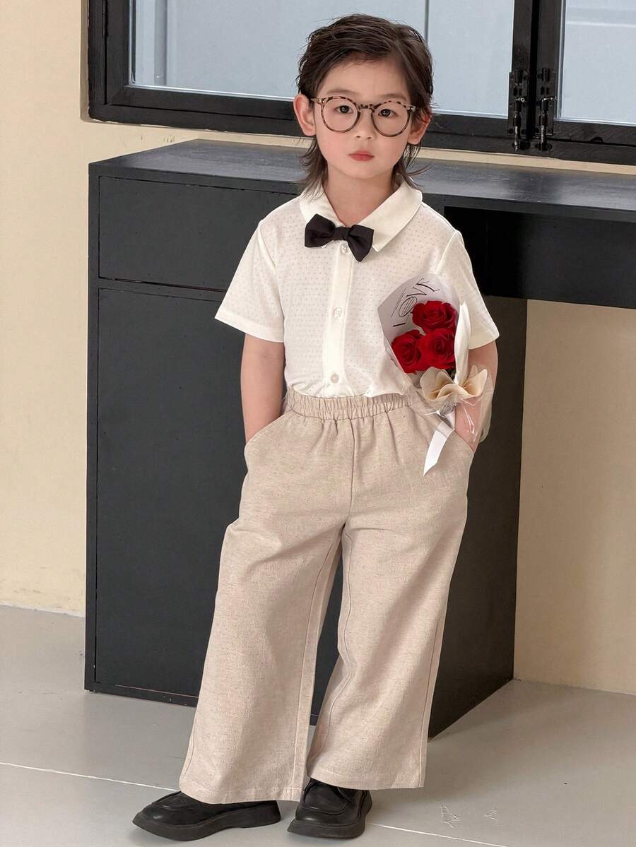 DAZY Young Boy Gentleman Style Short Sleeve Single-Breasted Shirt And Pants Set - White - View 1