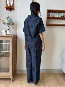 DAZY 少女卡通熊条纹短袖纽扣上衣和长裤睡衣套装 - 藏蓝色 - 查看 6