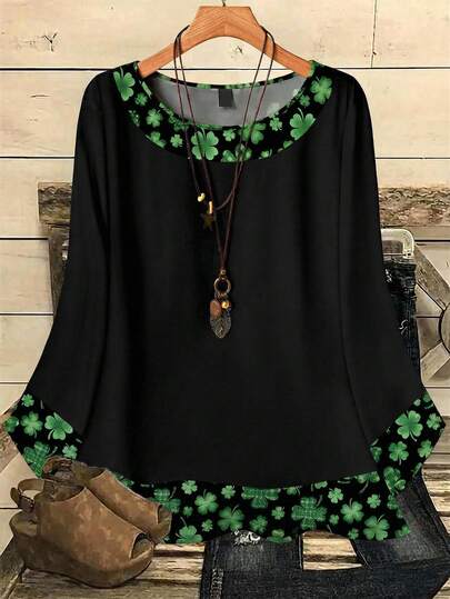 Mellowie Plus Size Women's Casual Plaid Leaf Print Loose Fit Round Neck 3/4 Sleeve Shirt, Suitable For St. Patrick's Day