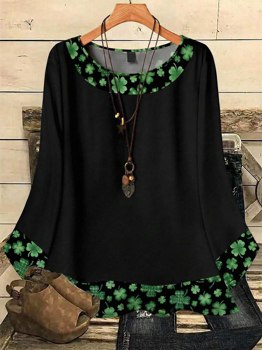 Mellowie Áo sơ mi nữ cỡ lớn kiểu dáng rộng rãi, in họa tiết lá cây kẻ caro, cổ tròn, tay lỡ 3/4, thích hợp cho ngày lễ Thánh Patrick. - Nhiều màu - Xem 1