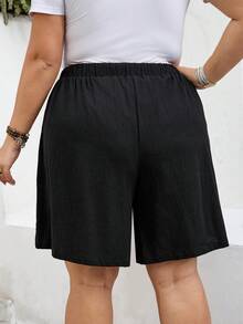 SHEIN CURVE+ Quần short nữ dáng suông US22, thích hợp cho lễ hội âm nhạc, kỳ nghỉ biển, phong cách bohemian, màu trơn, có dây rút ở eo và túi. - màu đen - Xem 3