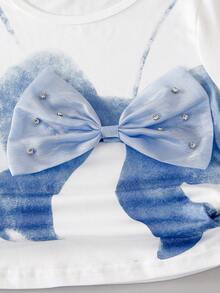 SHEIN 2pcs/Set Girls Butterfly Collar Design Straight Leg Jeans & Short Sleeve T-Shirt - Blue - View 7