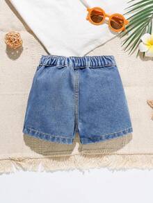 SHEIN Vintaside Kids Baby Girl Boho Style High Waist Ruffle Front Bow Decor Shorts, Summer Casual - Dark Wash - View 2