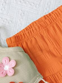 SHEIN Genkimix Kids 2件套女童夏季创意3D刺绣装饰吊带背心（不对称下摆）和休闲裤套装 - 橘色 - 查看 4