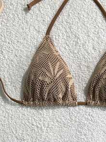 Swim Vcay Set de 3 piezas de bikini con estampado de hojas y escote halter, para playa de verano - Multicolor - Ver 5