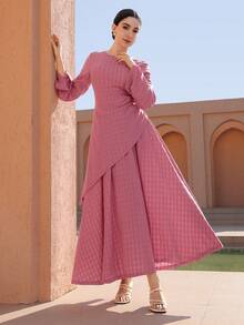 Graceveil Women's Elegant 2-Piece Set: Solid Color Round Neck Jacquard Textured Irregular Hem Top And Flared Skirt - Hot Pink - View 5