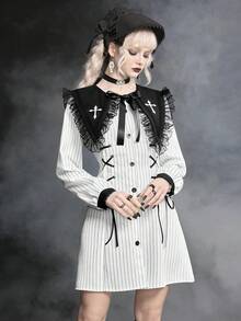ROMWE Goth 哥特式暗黑娃娃十字尖领撞色蕾丝条纹修身A字迷你连衣裙 - 白色 - 查看 8