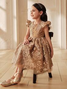 SHEIN Young Girl Lace Embroidery Round Neck Ruffle Hem A-Line Dress - Gold - View 5