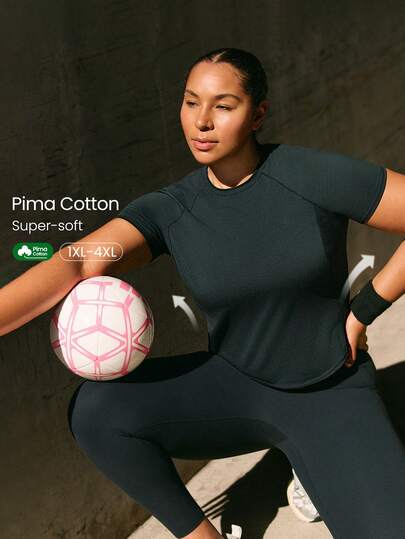 GLOWMODE 大码匹马棉日常轻盈透气弹力弧形下摆侧网眼拼接修身T恤，适合日常休闲穿着