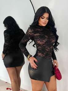 SHEIN SXY Damen Mode sexy Spitze Patchwork PU Leder Bodycon Kleid - Schwarz - Übersicht 3