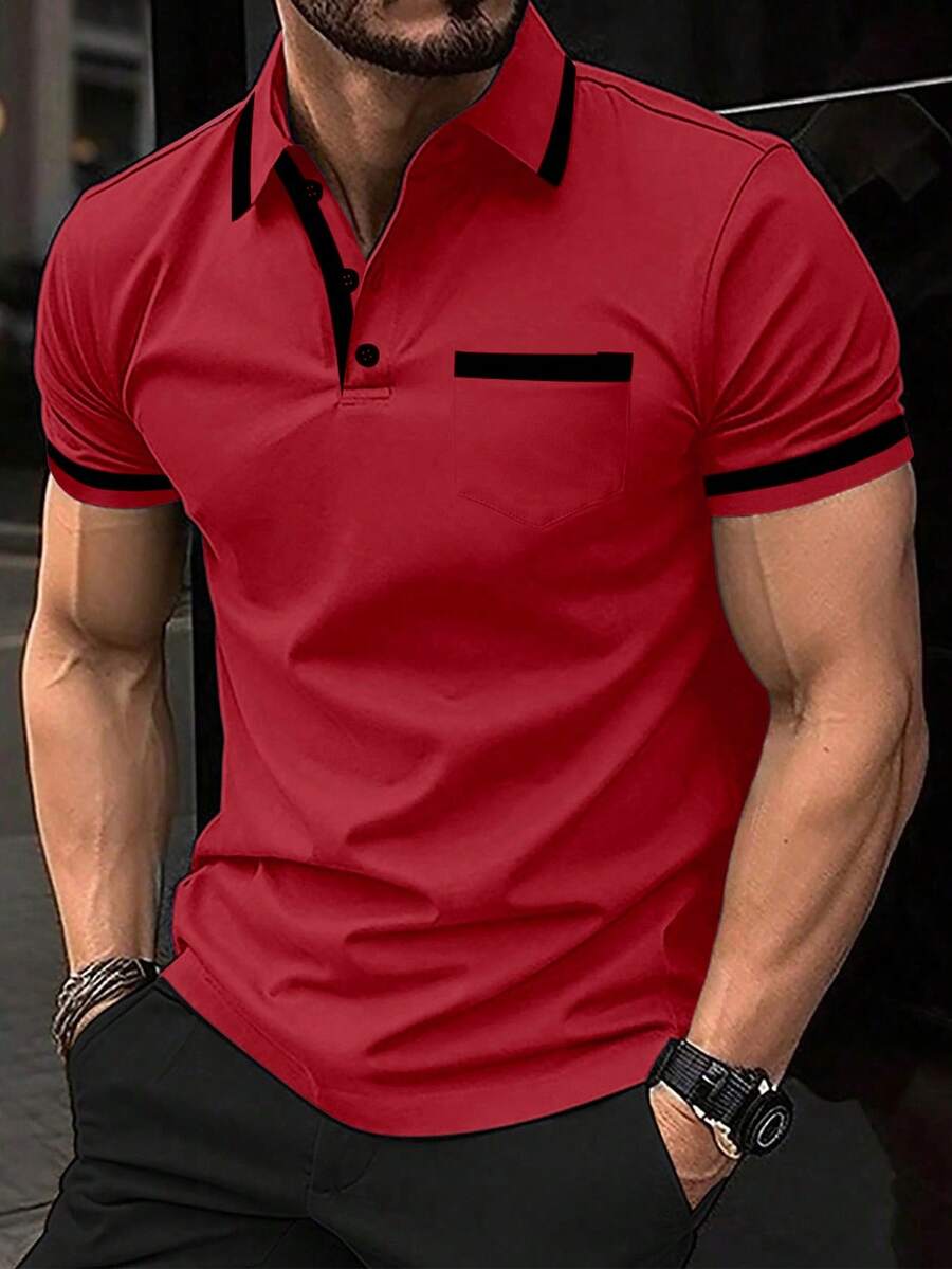 Calvornis 男士對比色純棉短袖休閒通勤 Polo 高爾夫球衫 紅色短袖 Polo 衫 正式場合適用 - 紅色 - 查看 1