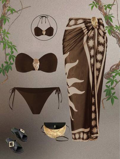 Swim Oasis Set de 3 piezas 2025 Nuevo traje de baño de mujer con posicionamiento de sujetador, vestido maxi de malla estampada, traje de baño casual de verano