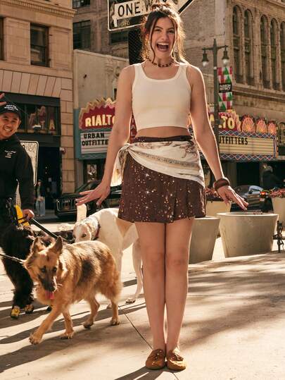 Freevana Falda-pantalón con lentejuelas y lazo en la cintura en unicolor para mujer de talla grande