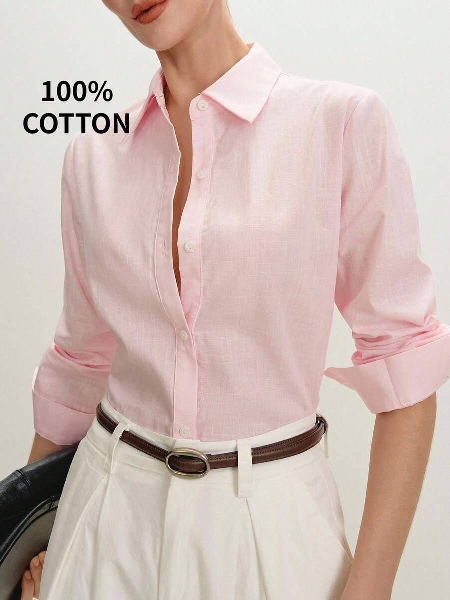 BizChic Women's Pink Classic Regular Shoulder Business Style Button-Down Long Sleeve Shirt, Suitable For Urban Commute, Office, And Casual Wear, Spring/Summer - Pink - View 1