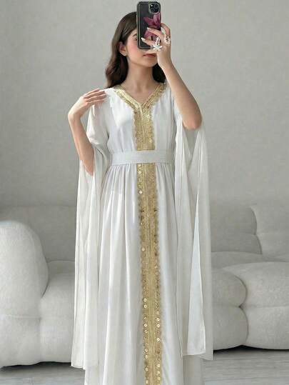 SHEIN Summer,Squishy,Girls' White Long Sleeve Dress With Slit Sleeve Design, Gold Trim Ribbon Decor, Elegant & Graceful, Suitable For Holidays, Parties, Spring & Summer, White Caftan, White Abaya For Girls, Middle Eastern Dress