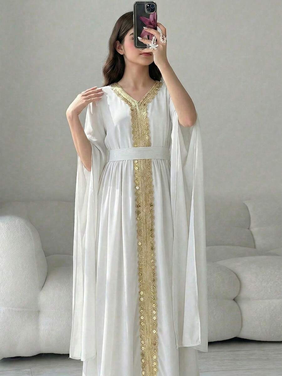 SHEIN 女童白色长袖连衣裙,袖口开衩设计,金色滚边缎带装饰,优雅迷人,适合假日、派对、春夏穿着。 - 白色 - 查看 1