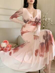 DAZY Tie Dye Surplice Neck Mesh Dress Sundress - Pink - View 6