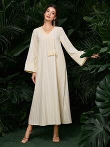 Al Najma New Jacquard Patchwork Fringe Trim Long Robe, Turkish Kaftan - Apricot - View 5