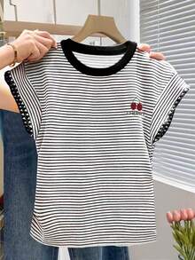 Resyla Women's Striped Round Neck Cherry Embroidery Graphic Casual Everyday Short Sleeve T-Shirt - Multicolor - View 6