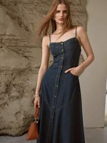 MOTF PREMIUM 修身牛仔连衣裙，春夏款 - 深色水洗藍 - 查看 5