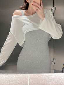 DAZY Women's Loose Drop Shoulder Cropped Sheer Top, Spring/Summer - White - View 1