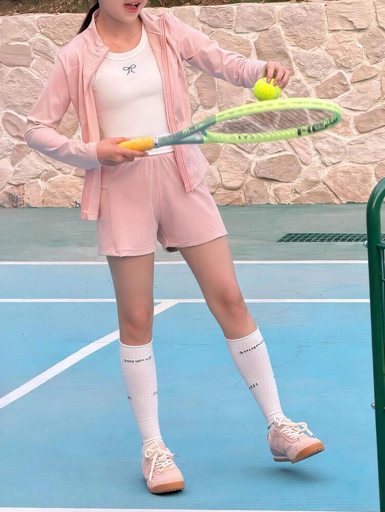 Tween Girl Solid Color Long Sleeve Zip-Up Hoodie And Shorts Casual Sportswear Set Summer