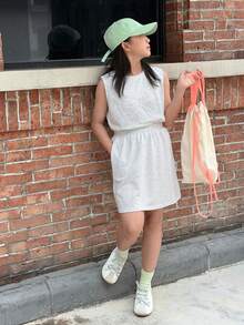 DAZY 2件套少女夏季新款圆领针织蝴蝶结印花无袖T恤和裙子套装 - 淺灰色 - 查看 3