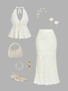 SHEIN MOD 女士夏季休闲度假纹理吊带上衣和鱼尾裙两件套 - 杏色 - 查看 4