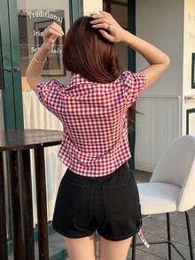 K-Vae Women's Checkered V-Neck Blouse With Ruffle Puff Sleeves, Cinched Waist, Sweet & Spicy Style, Summer - Multicolor - View 2