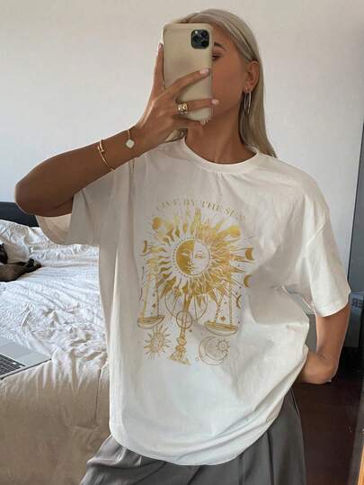 Livesso T-shirt décontracté ample en coton de couleur dorée avec imprimé graphique, convient pour le printemps et l'été