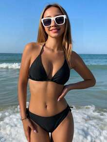 SHEIN Teen Girl Black Solid Color All-Match Swimsuit, Versatile For Spring/Summer 2026 Tropical Vacation - Black - View 7