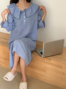DAZY Lovely Contrast Color Ruffle Embroidered Hem Midi Nightgown For Women Pajamas - Blue - View 1