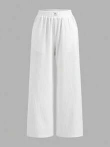 SHEIN EZwear 2件套水洗棉条纹宽松长裤，夏季 - 綠色 - 查看 9