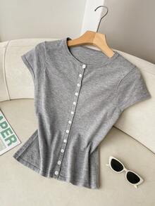 SHEIN EZwear Gray Fitted Knit Cardigan, Versatile For Commuting - Light Grey - View 3