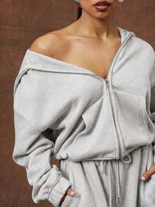 Vixey 厚重抓绒卫衣，落肩宽松拉链连帽衫 - 淺灰色 - 查看 5