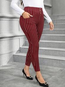 SHEIN Clasi Plus Size Women's Striped Button Decor Skinny Pants, Suitable For Work And Commute - Burgundy - View 4