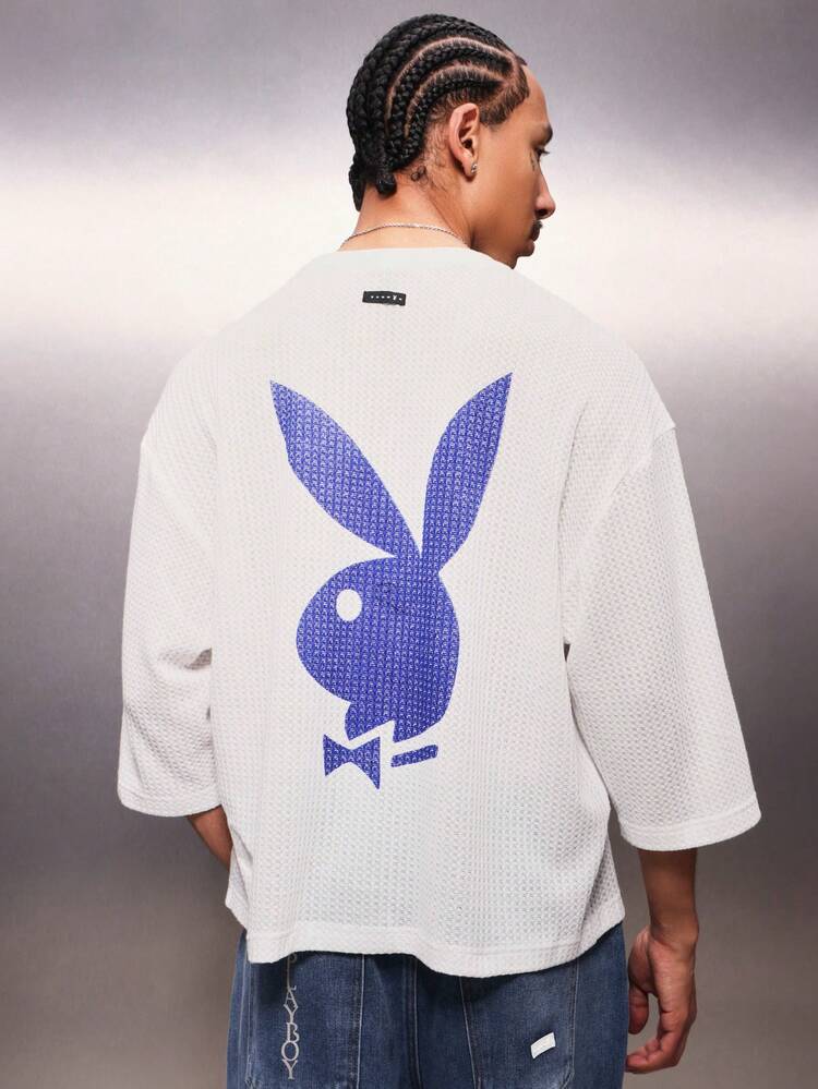 PLAYBOY X SUMWON Boxy Fit Crew Neck Three Quarter Sleeve Waffle Texture T-Shirt With Back Logo Print For Casual Everyday Wear
