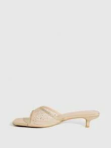 CUCCOO SZL Fashionable Square Toe Kitten Heel Beige Mesh Rhinestone Slip-On Open Toe Dress Sandals, Elegant Sexy Party Occasion Mid-Heel Mule Slides For Women - Beige - View 9