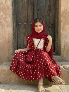 Young Girl Gold Polka Dot Pattern Round Neck Ruffle Hem Cute Dress - Multicolor - View 3